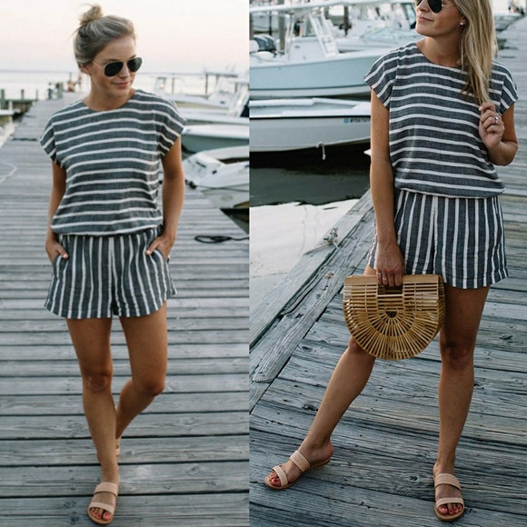 Pants - Striped Romper Shorts Jumpsuit
